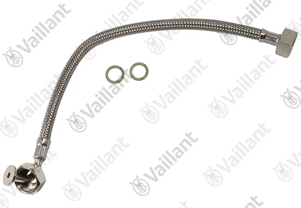 Vaillant-Befüllschlauch mit einem gewinkelten Anschluss und zwei Ringen, geeignet für die Installation in Heizungsanlagen.